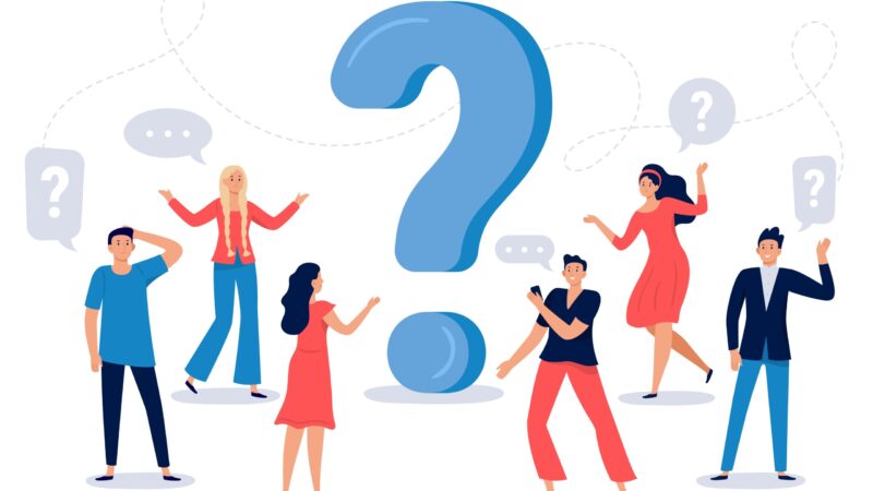 People ask question. Confused person asking questions, crowd finding answers and question sign vector illustration. Collective brainstorm, mutual assistance concept. Public problem solution platform